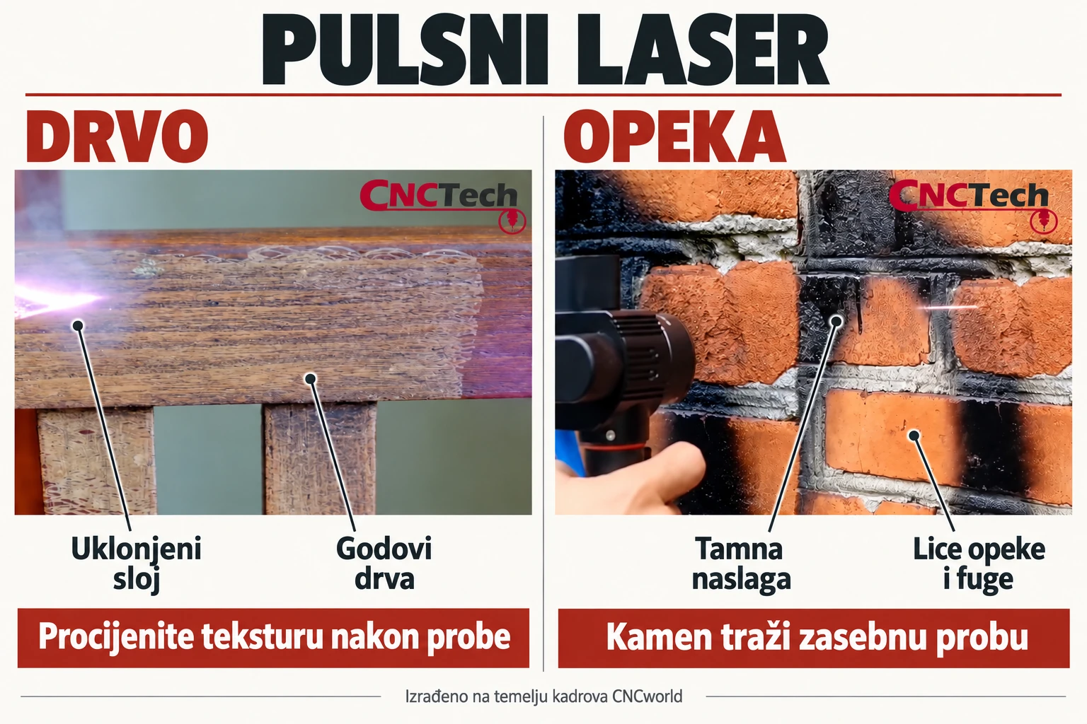 Pulsni laser: drvo i opeka — uklanjani sloj, godovi te lice opeke i fuge