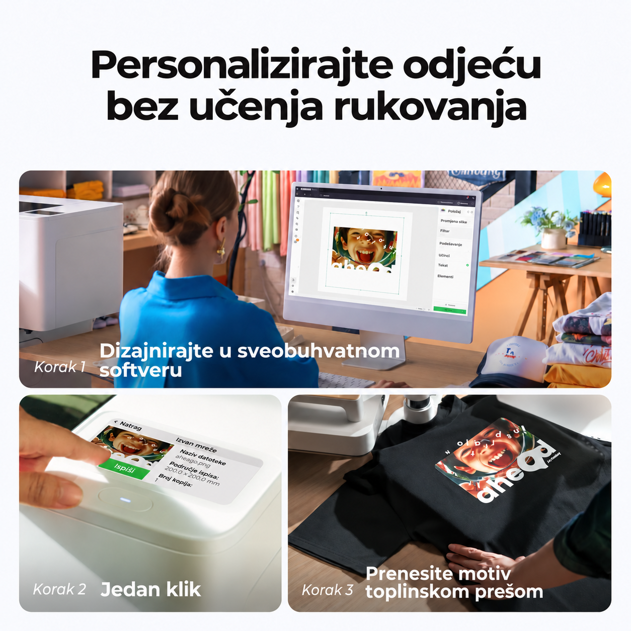 Tri koraka postupka xTool Apparel Printer Plus