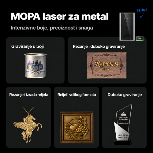 xTool F2 Ultra MOPA + UV — komplet: 60 W, 220 × 220 mm + 5 W, 200 × 200 mm (opcionalni diodni laser 40 W)