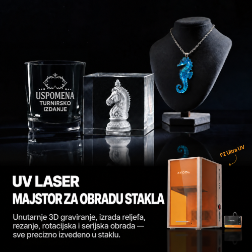 xTool F2 Ultra MOPA + UV — komplet: 60 W, 220 × 220 mm + 5 W, 200 × 200 mm (opcionalni diodni laser 40 W)