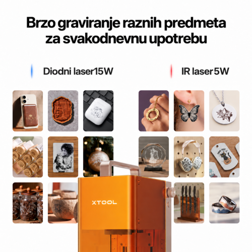 xTool F2 — prijenosni laserski graver IR 5 W + diodni laser 15 W, radna površina 115 × 115 mm