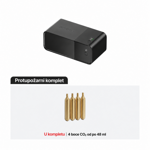 Komplet Fire Safety Set V1.5: upravljačka jedinica, četiri boce CO₂ po 48 ml, crijevo, adapter i upute Komplet Fire Safety Set V1.5: upravljačka jedinica, četiri boce CO₂ po 48 ml, crijevo, adapter i upute