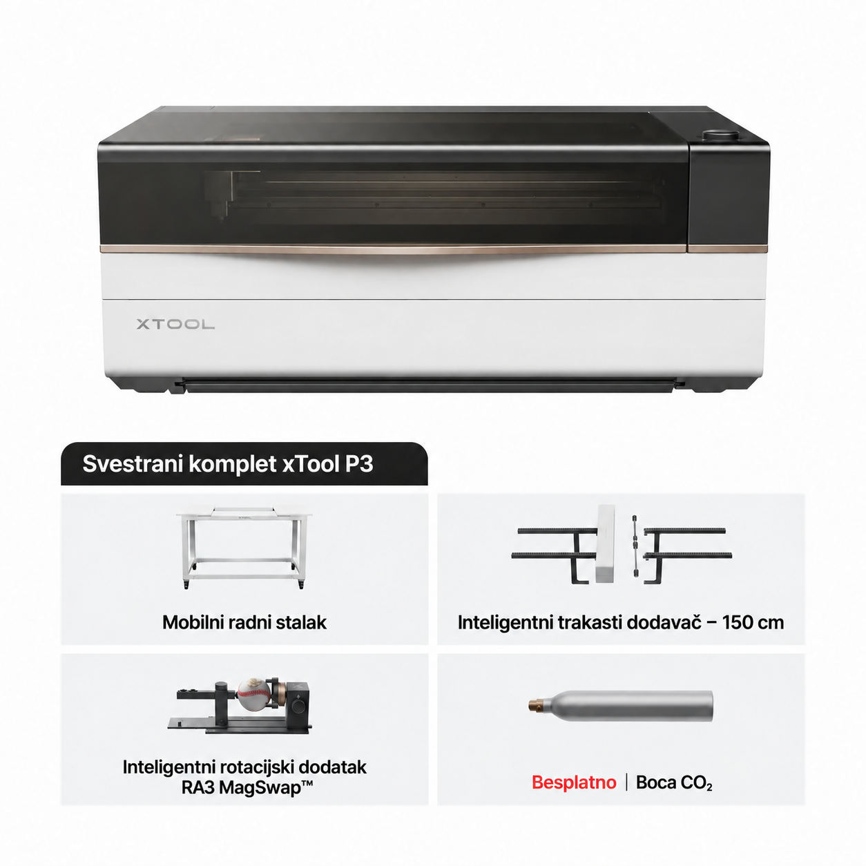 Svestrani komplet xTool P3: stalak, dodavač 150 cm, RA3 i boca CO₂
